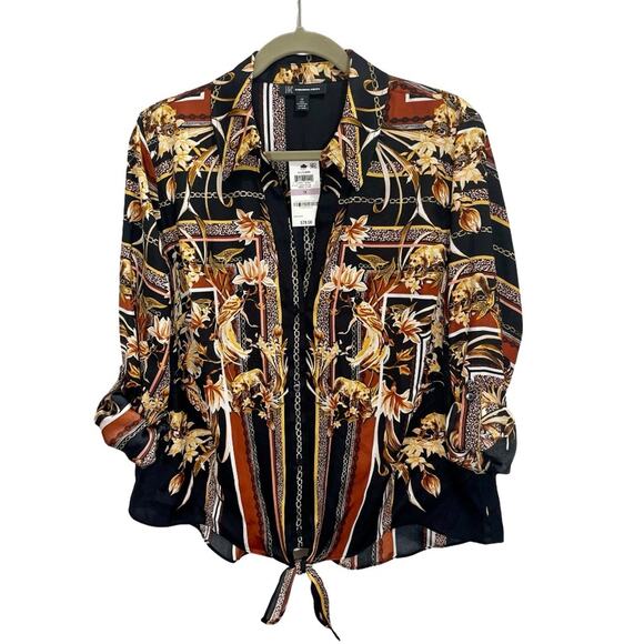 NEW INC Women’s Front Tie Button-Front Collared Leopard Floral Print Blouse - XL - Picture 5 of 10